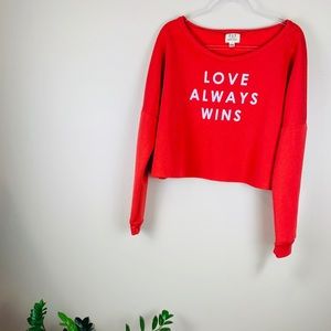 PST coral crop sweater LOVE ALWAYS WINS NWT